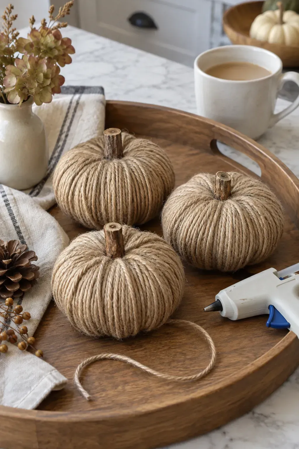 Twine Covered Mini Pumpkins made as practical handmade fall decor
