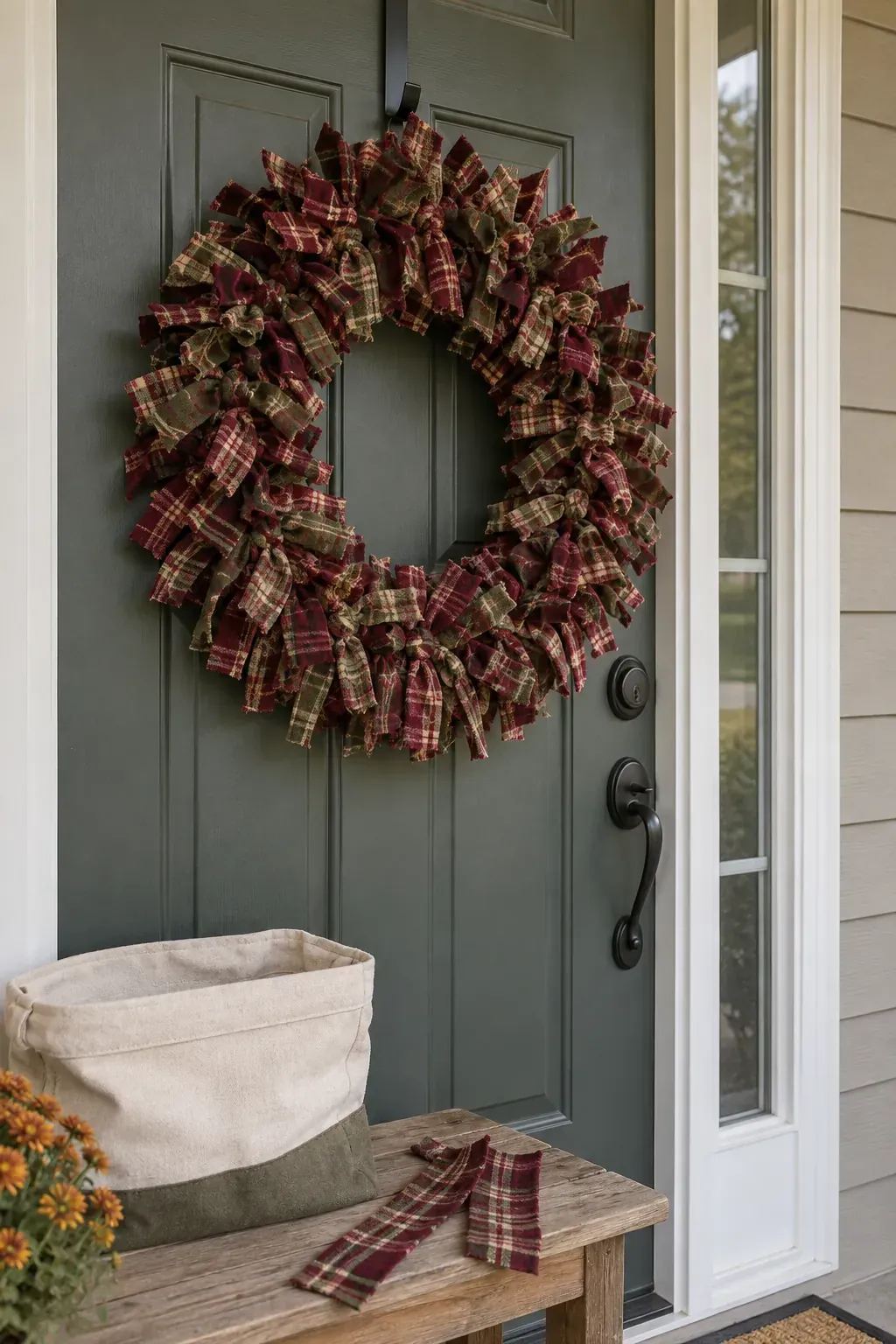 Flannel Rag Wreath made as practical handmade fall decor