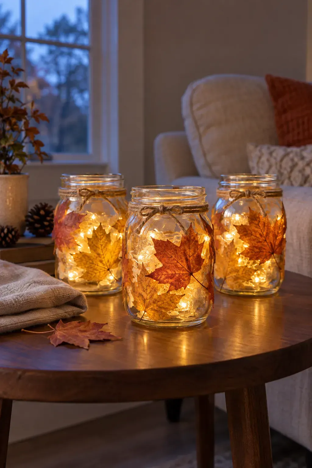 Leaf Mason Jar Lanterns made as practical handmade fall decor