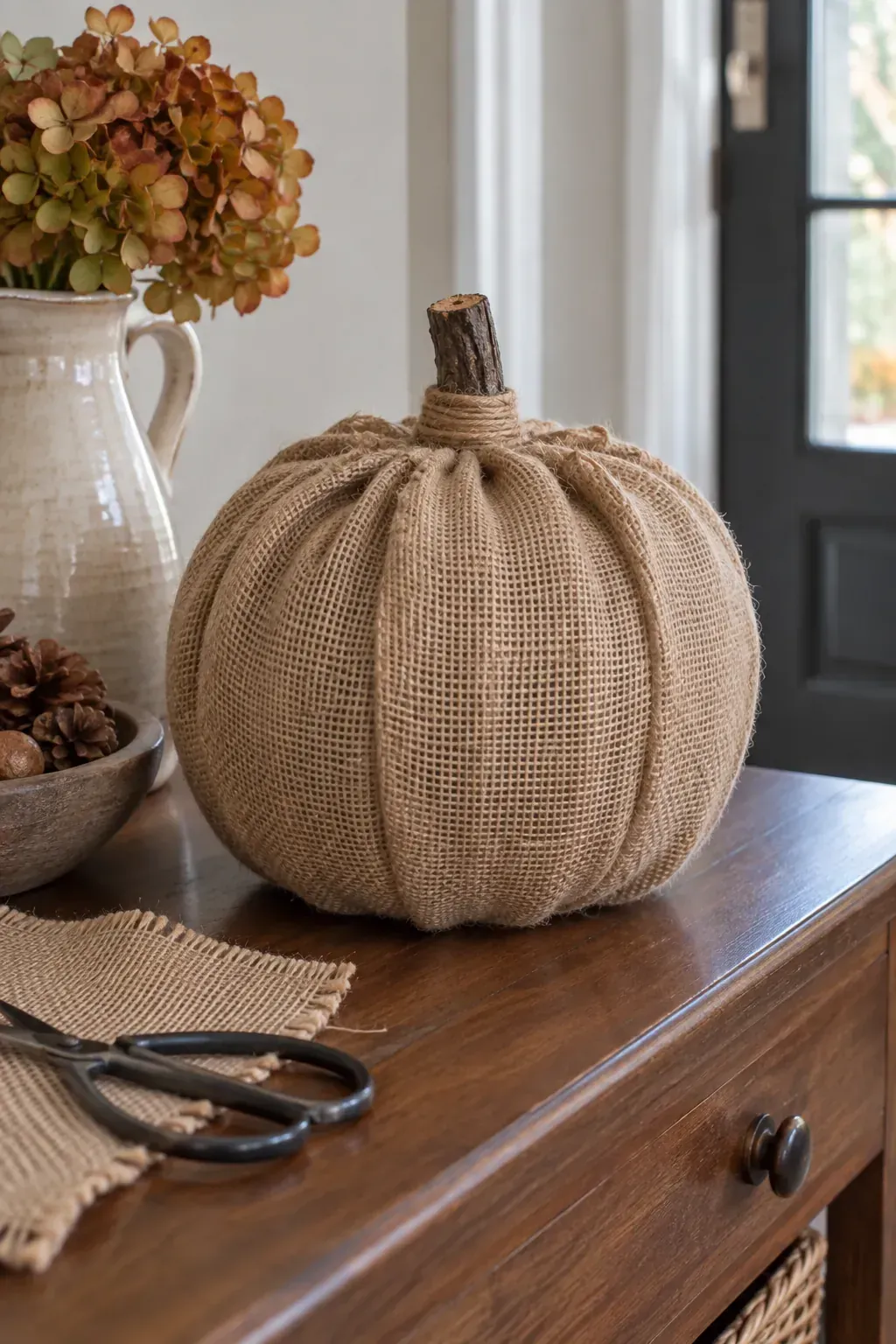 Burlap Wrapped Pumpkins made as practical handmade fall decor