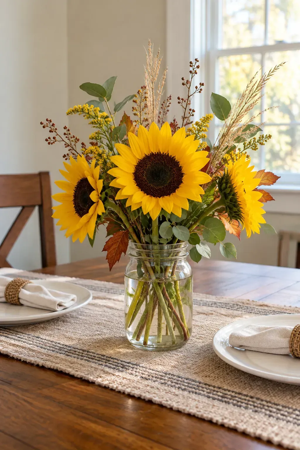 Sunflower Jar Arrangement made as practical handmade fall decor
