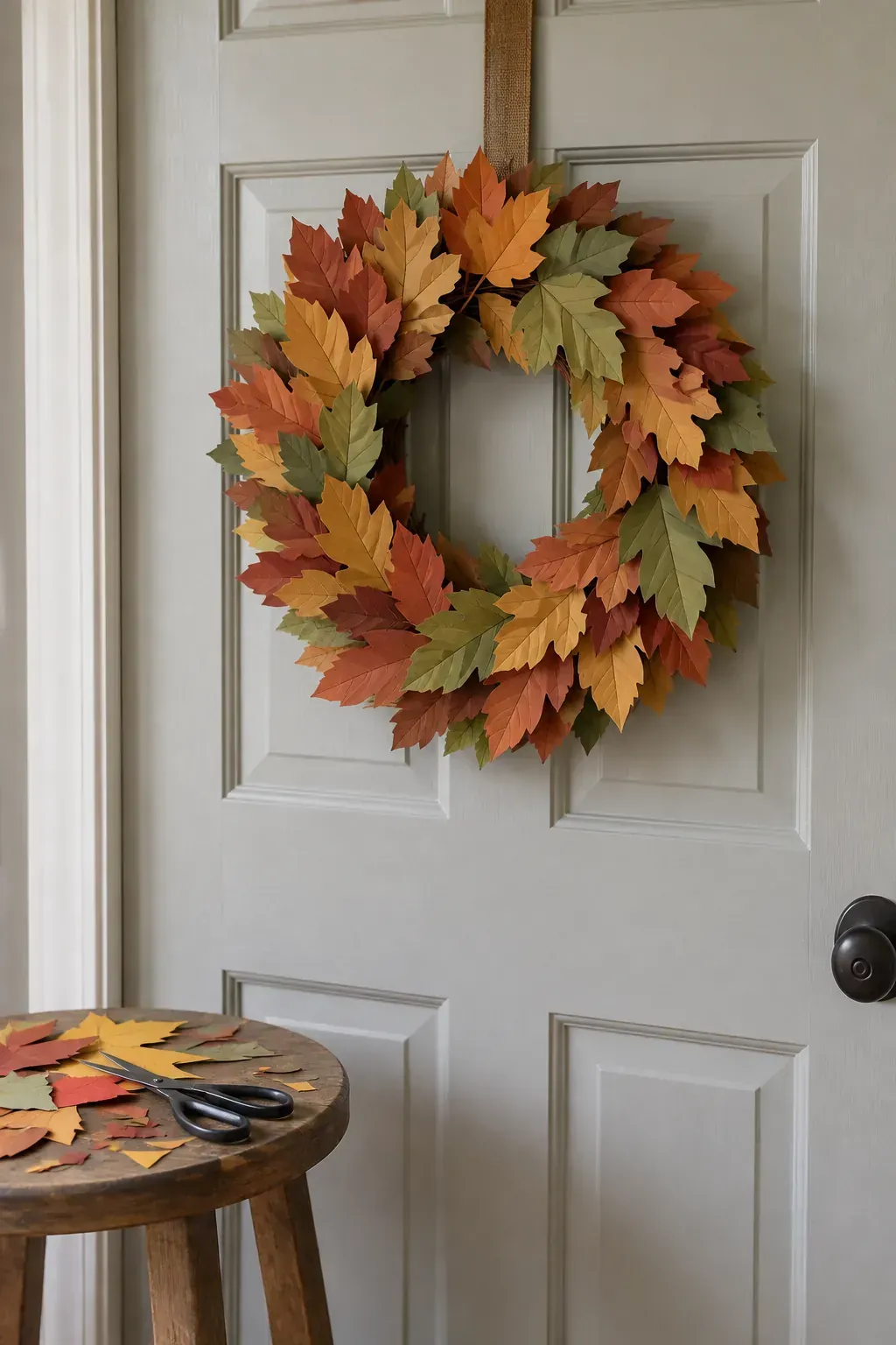 Layered Paper Leaf Wreath made as practical handmade fall decor