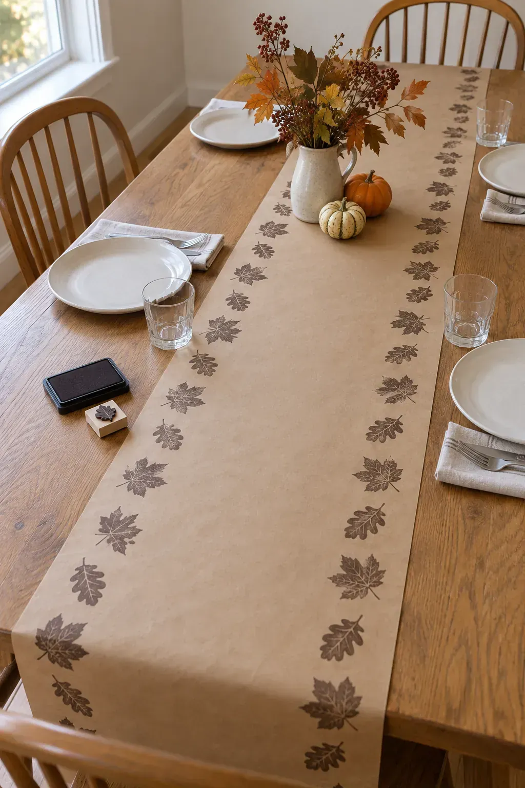 Stamped Kraft Paper Runner made as practical handmade fall decor