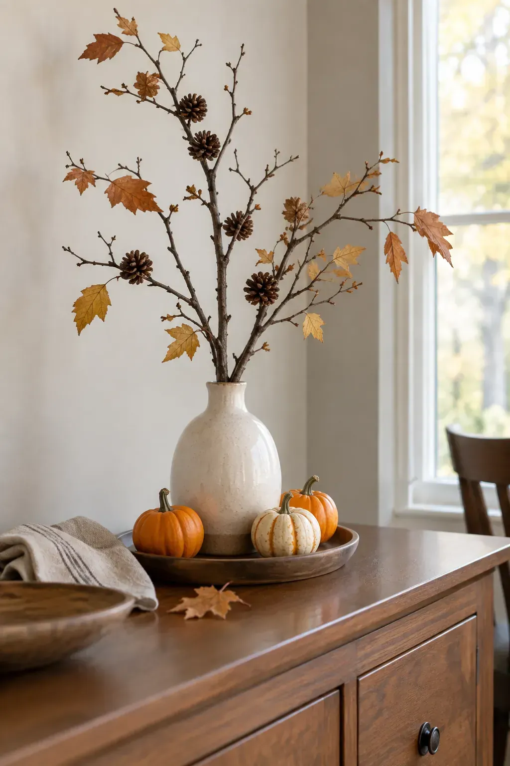 Branch and Pumpkin Centerpiece made as practical handmade fall decor