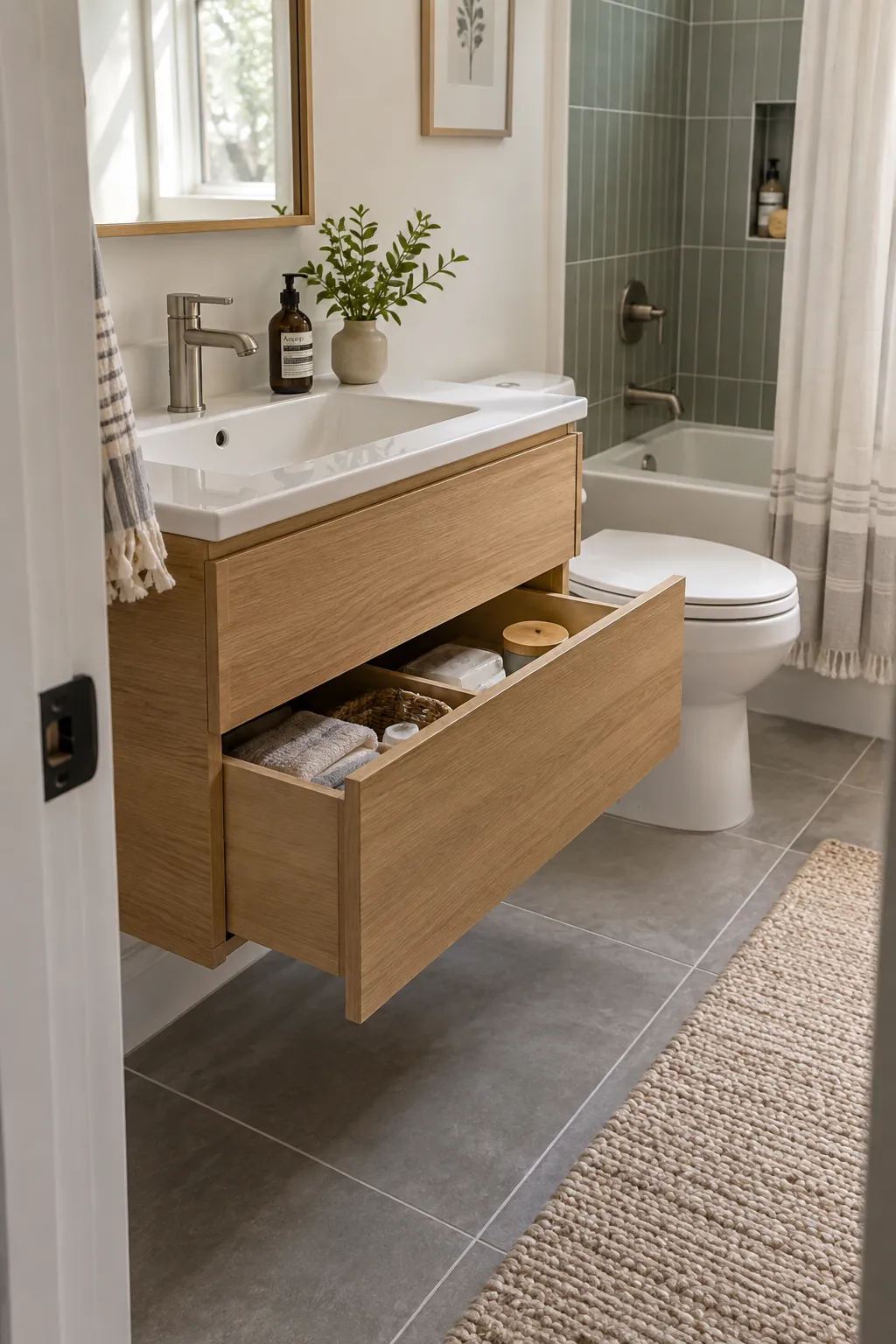 Floating Vanity with a Usable Drawer in a tiny full bathroom