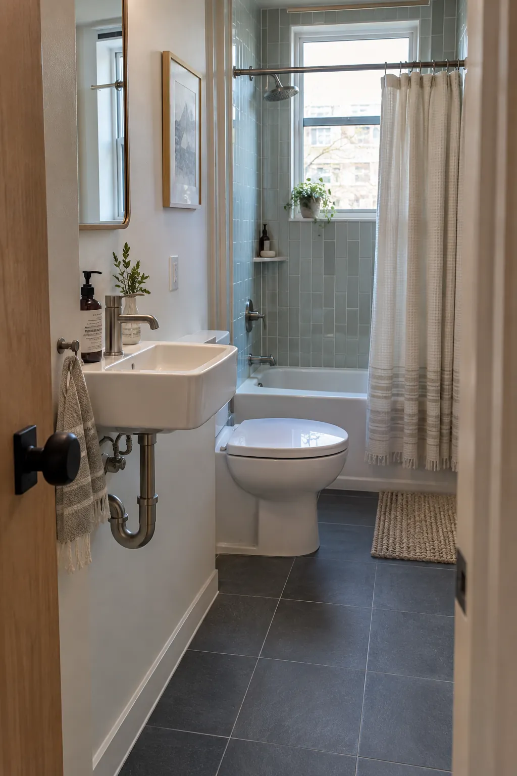 Shallow Wall Sink Beside the Entry in a tiny full bathroom