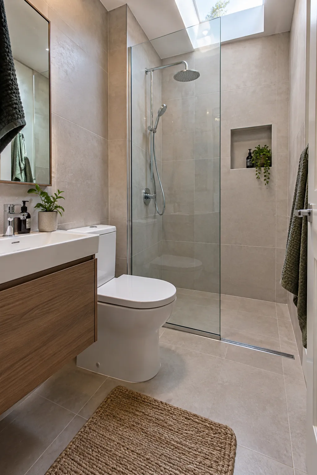 Single Glass Panel at the Shower in a tiny full bathroom