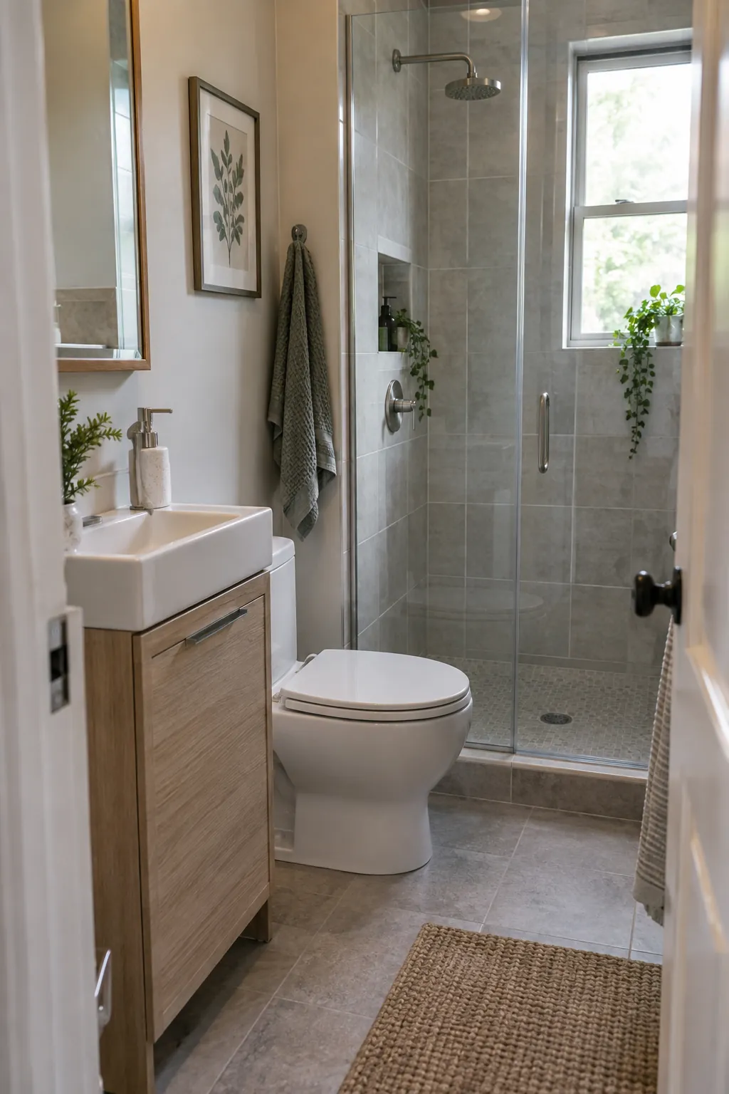 Compact full bathroom with a clear shower, shallow sink, and usable floor space