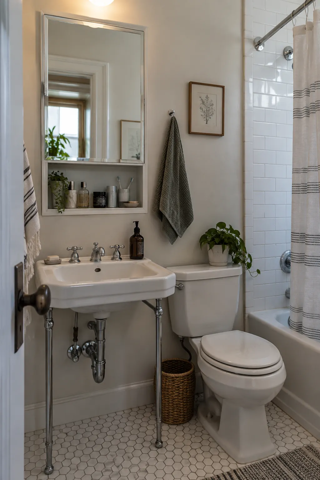 Recessed Medicine Cabinet in a tiny full bathroom