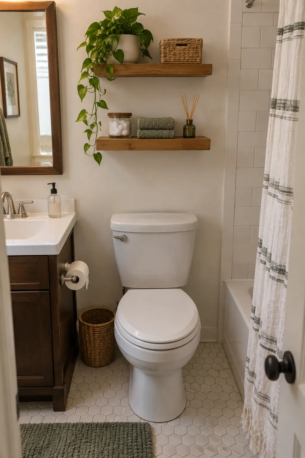 Shelves Above the Toilet in a tiny full bathroom