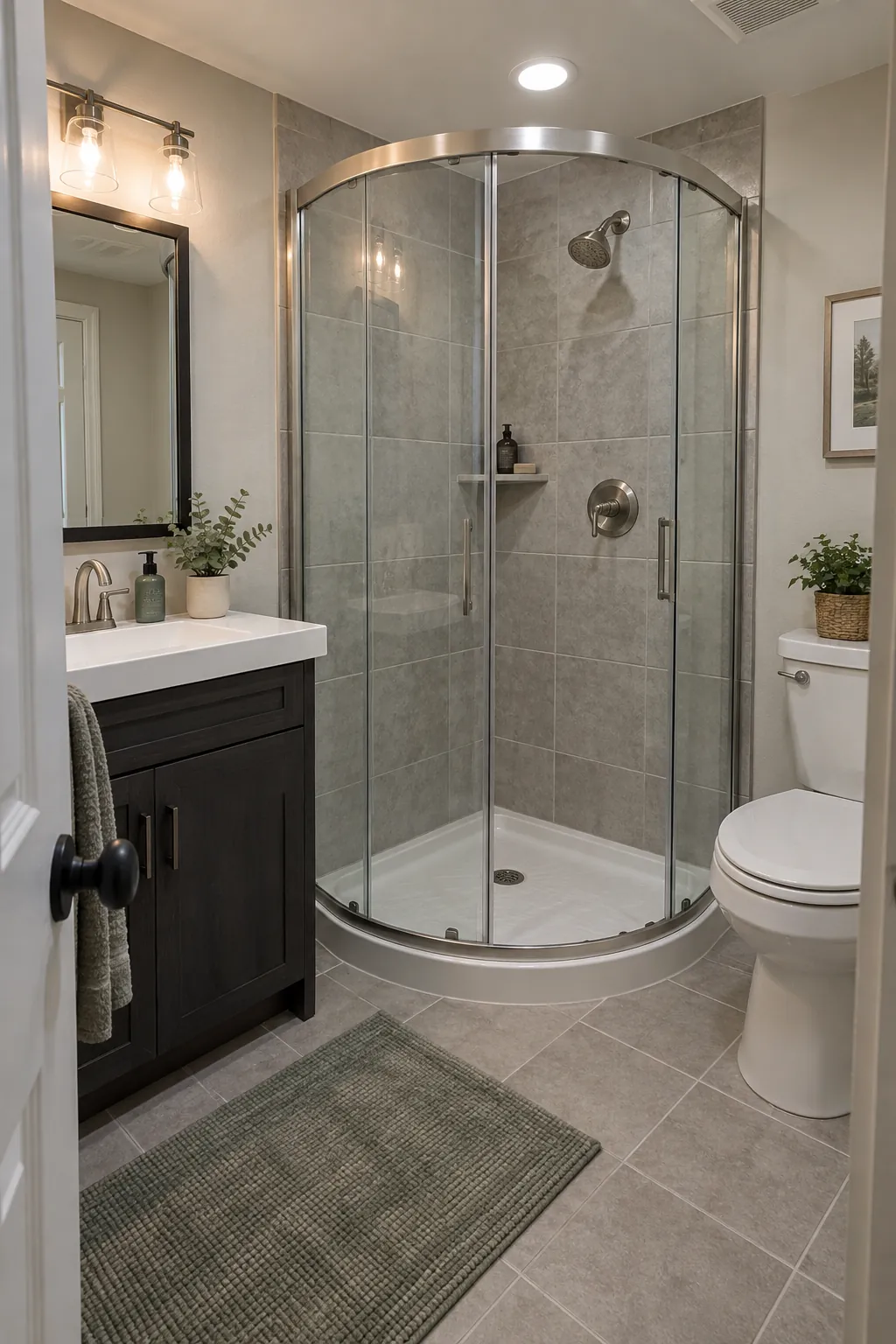 Rounded Corner Shower Enclosure in a tiny full bathroom
