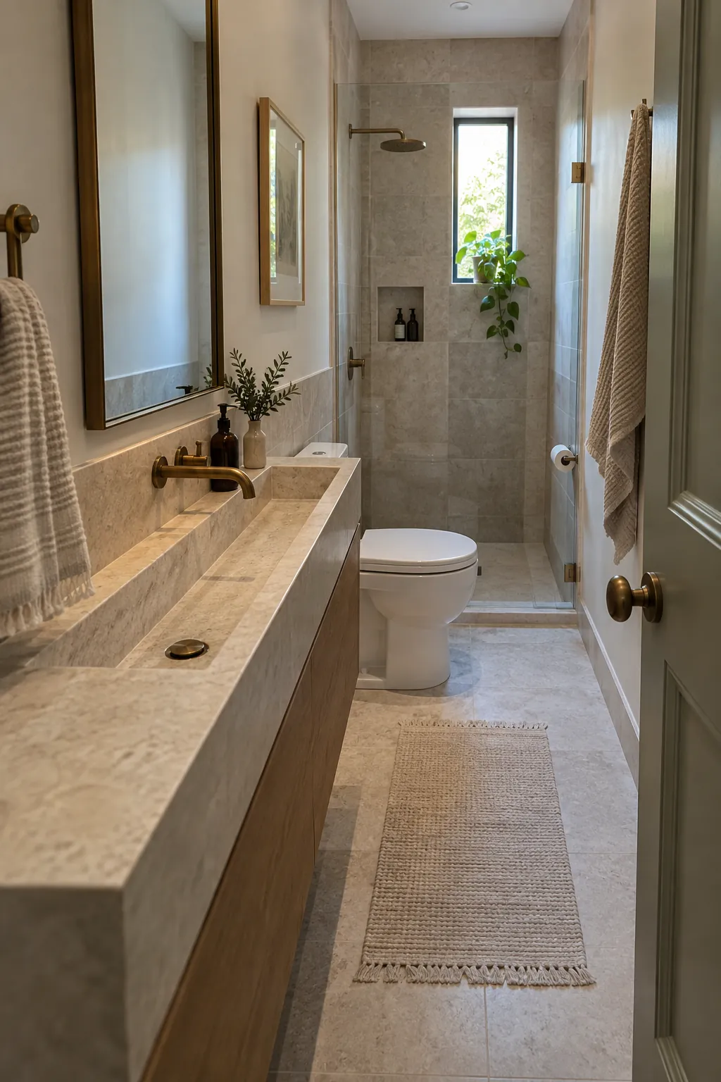 Narrow Trough Basin on a Long Wall in a tiny full bathroom