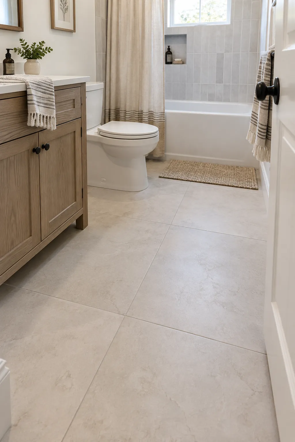 Large Floor Tile with Quiet Grout in a tiny full bathroom