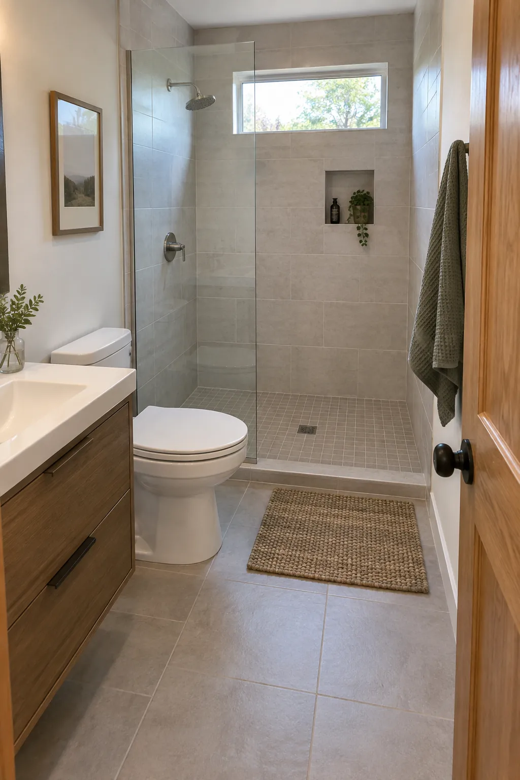 Open Shower Entry Away from the Door in a tiny full bathroom