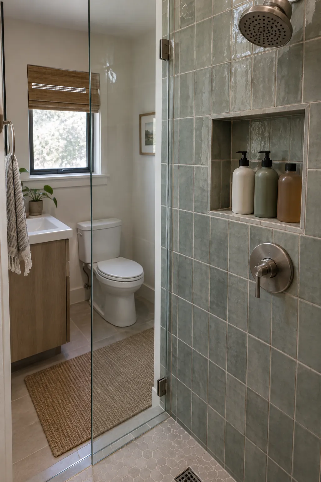 Shower Niche at Reachable Height in a tiny full bathroom