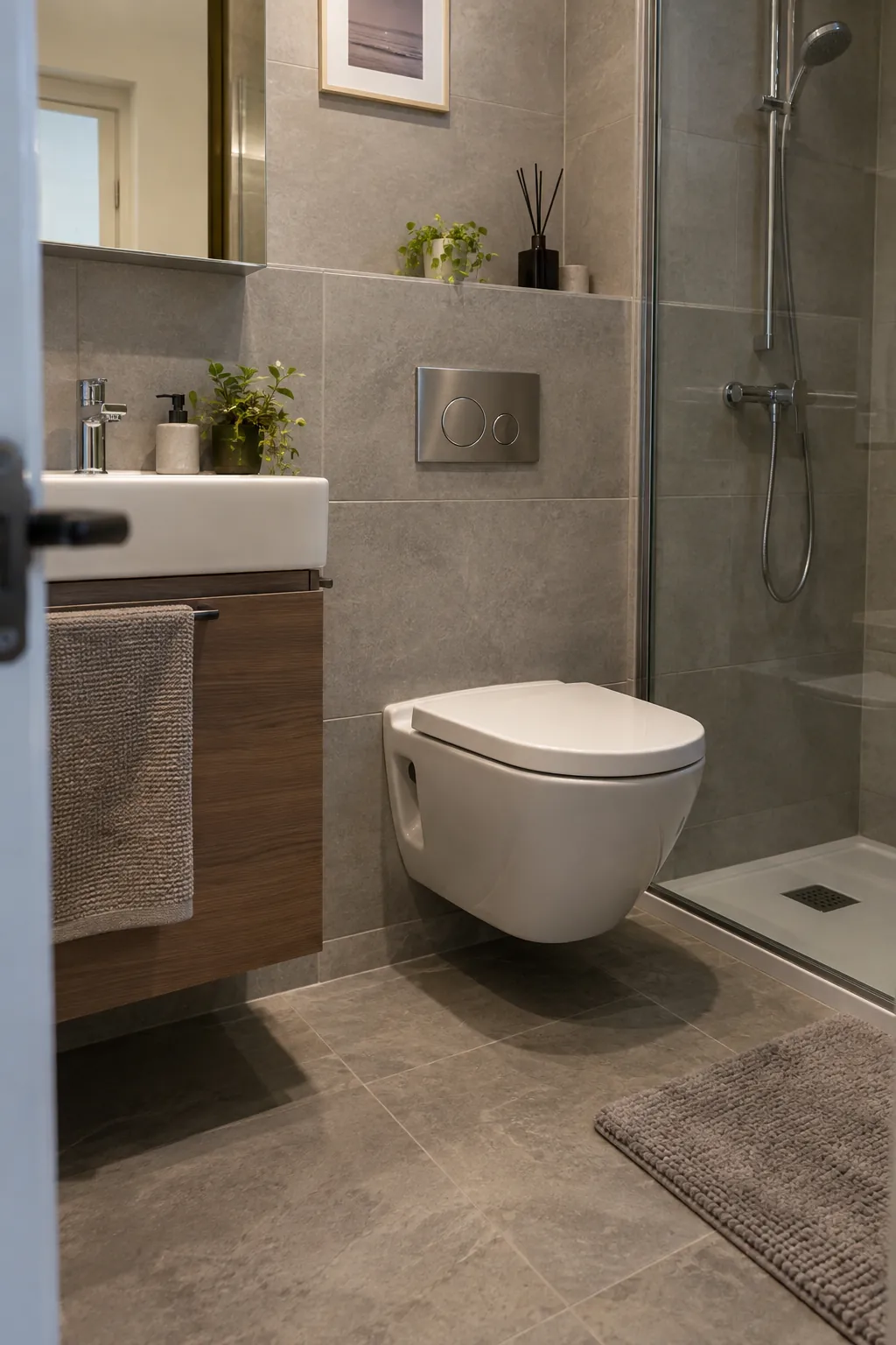 Wall Toilet with Concealed Cistern in a tiny full bathroom
