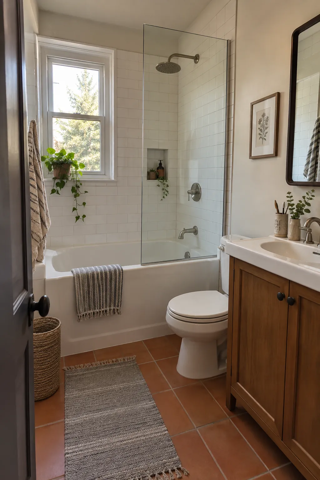 Short Tub with a Shower Above in a tiny full bathroom
