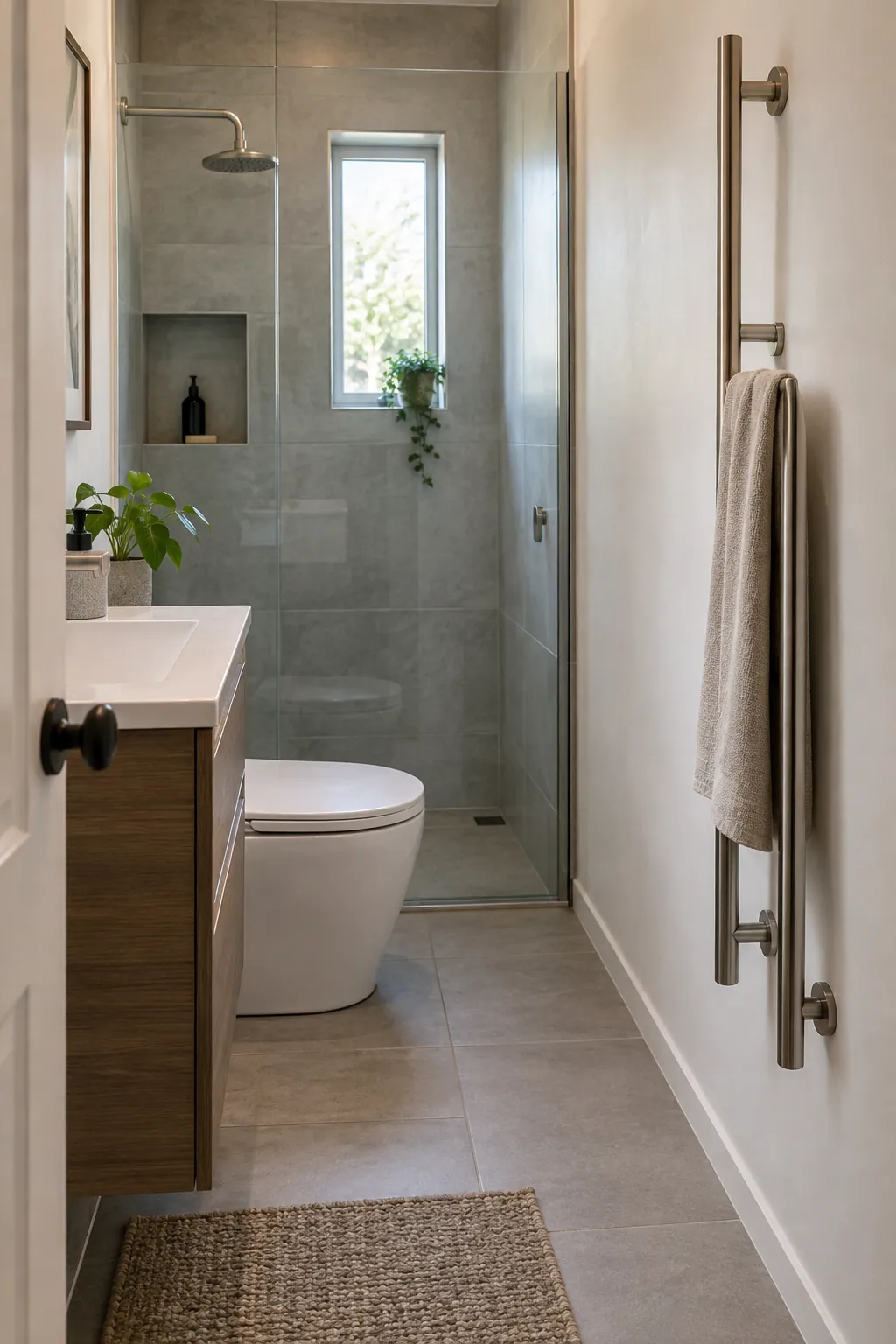 Vertical Towel Rail in a Spare Strip in a tiny full bathroom