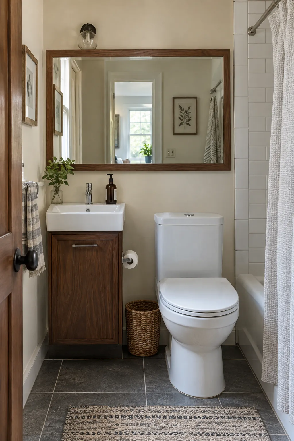 Wide Mirror Over a Small Sink in a tiny full bathroom