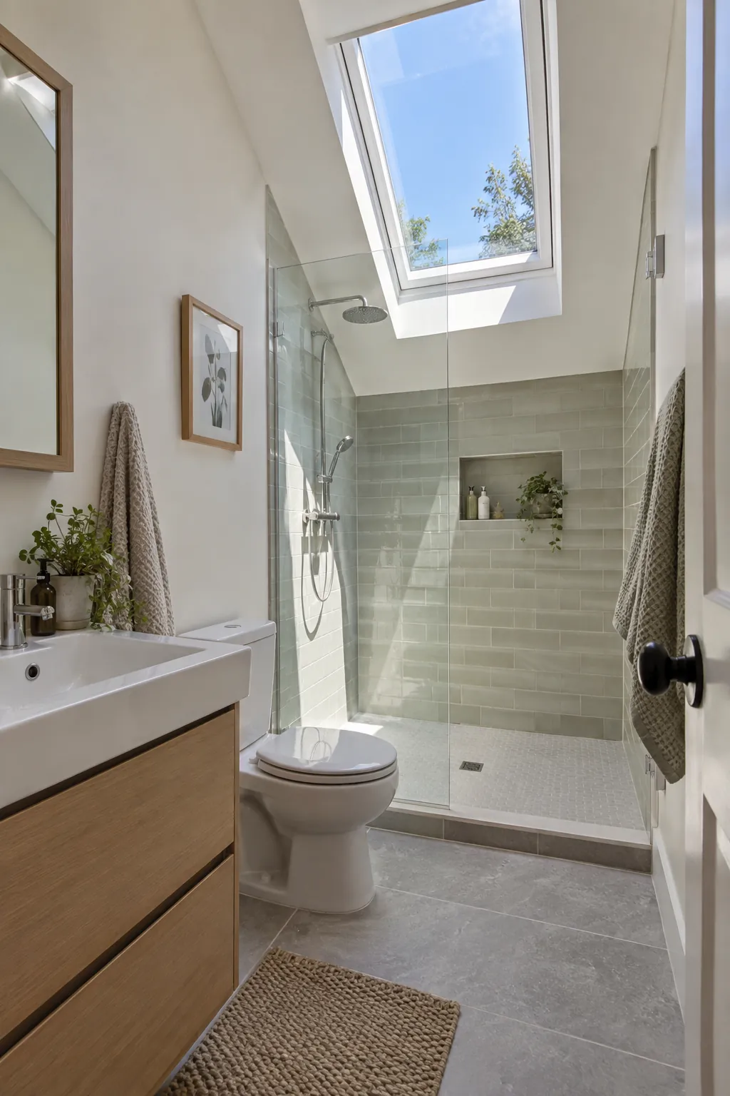 Daylight from a Roof Window in a tiny full bathroom