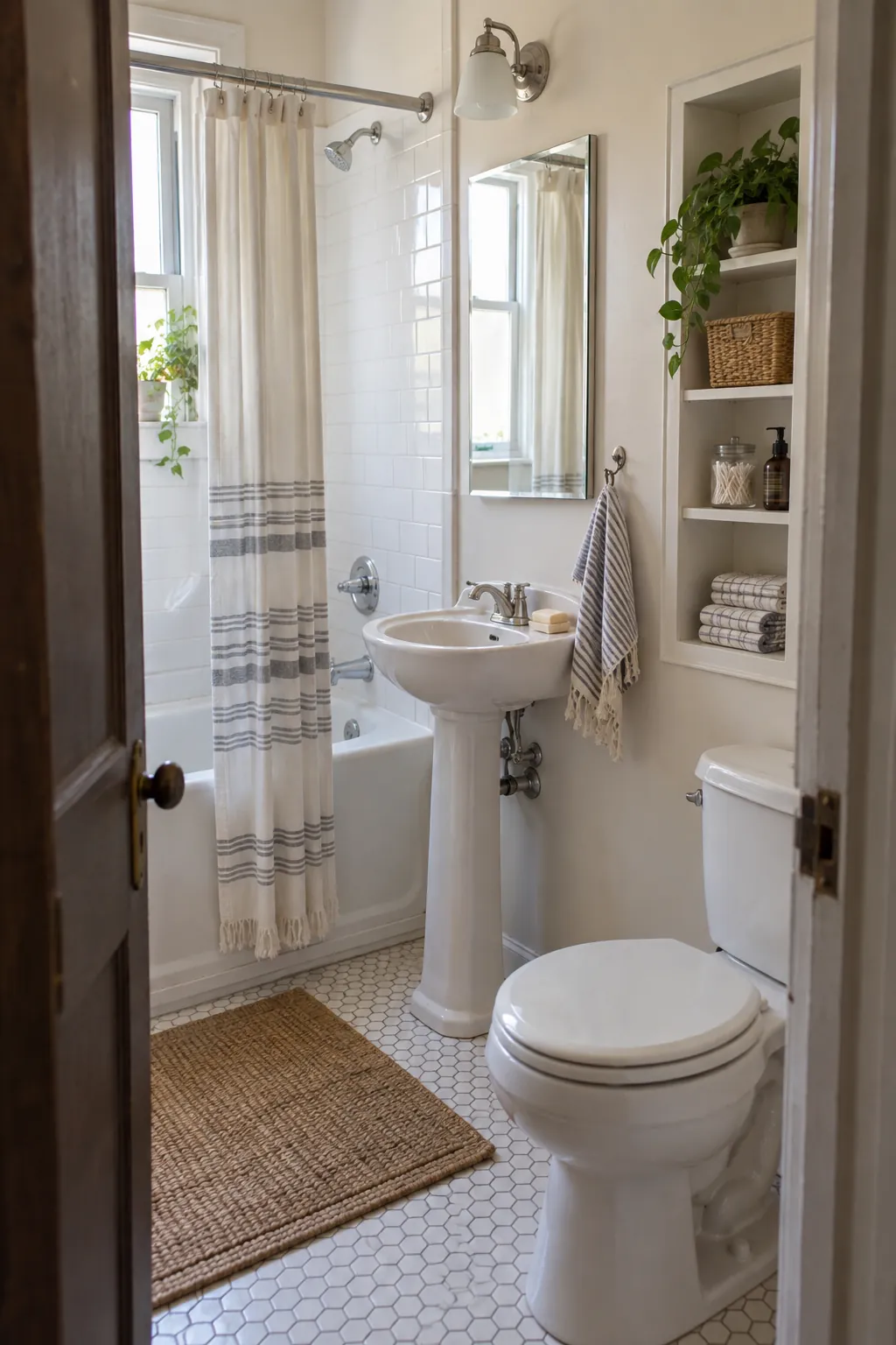 Pedestal Sink with Separate Storage in a tiny full bathroom
