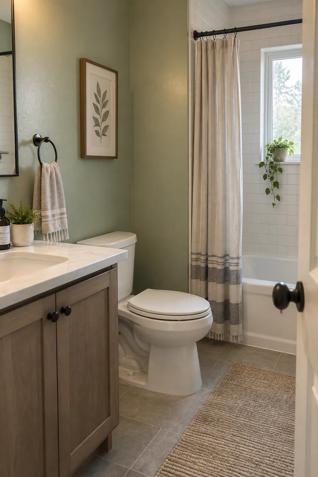 Soft Sheen Paint Outside the Shower in a tiny full bathroom