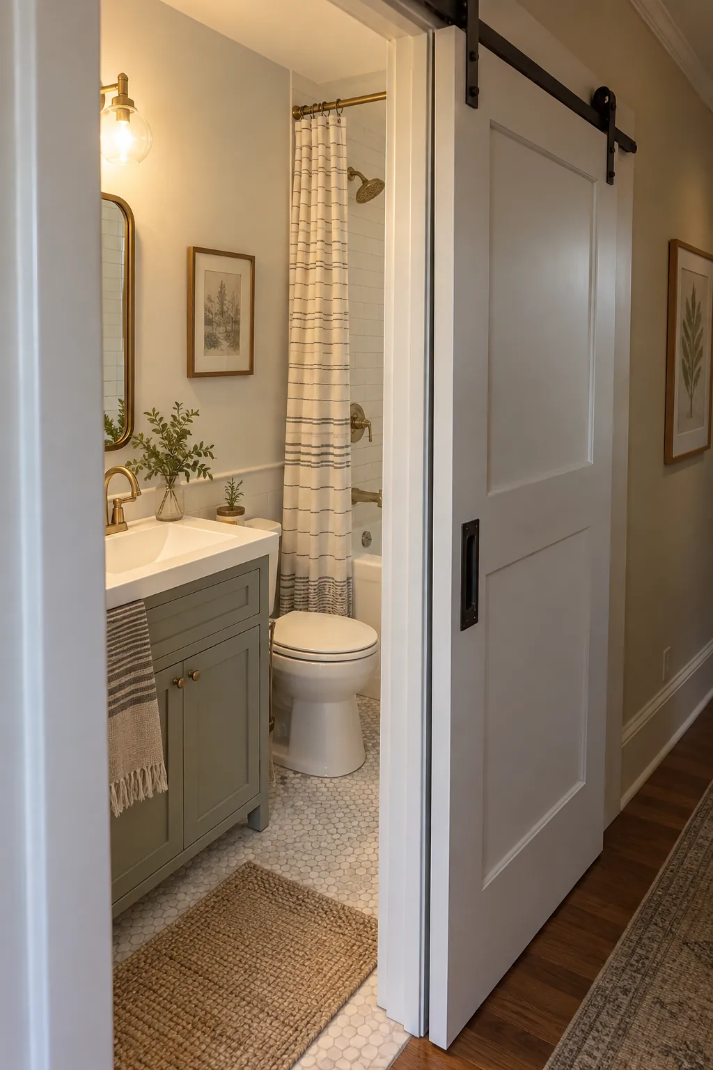 Exterior Sliding Door with Privacy Seals in a tiny full bathroom