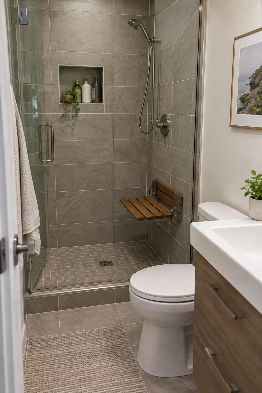 Fold Down Seat in the Shower in a tiny full bathroom
