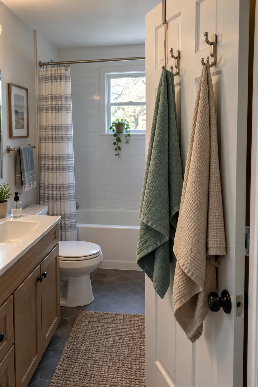 Individual Hooks Behind the Door in a tiny full bathroom
