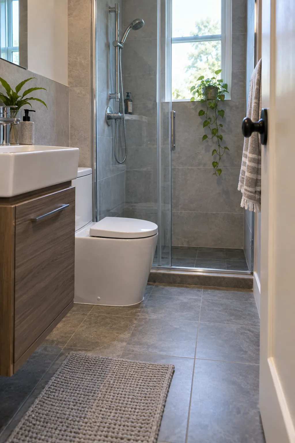 Compact Projection Toilet in a tiny full bathroom
