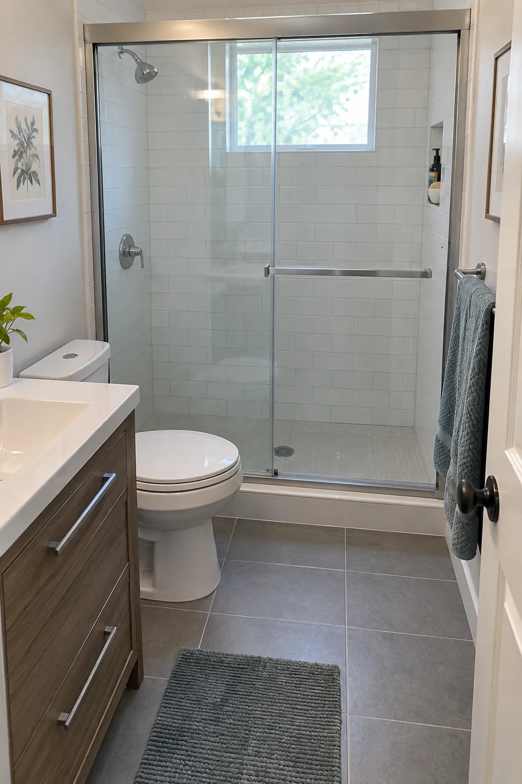 Sliding Shower Doors on a Straight Run in a tiny full bathroom