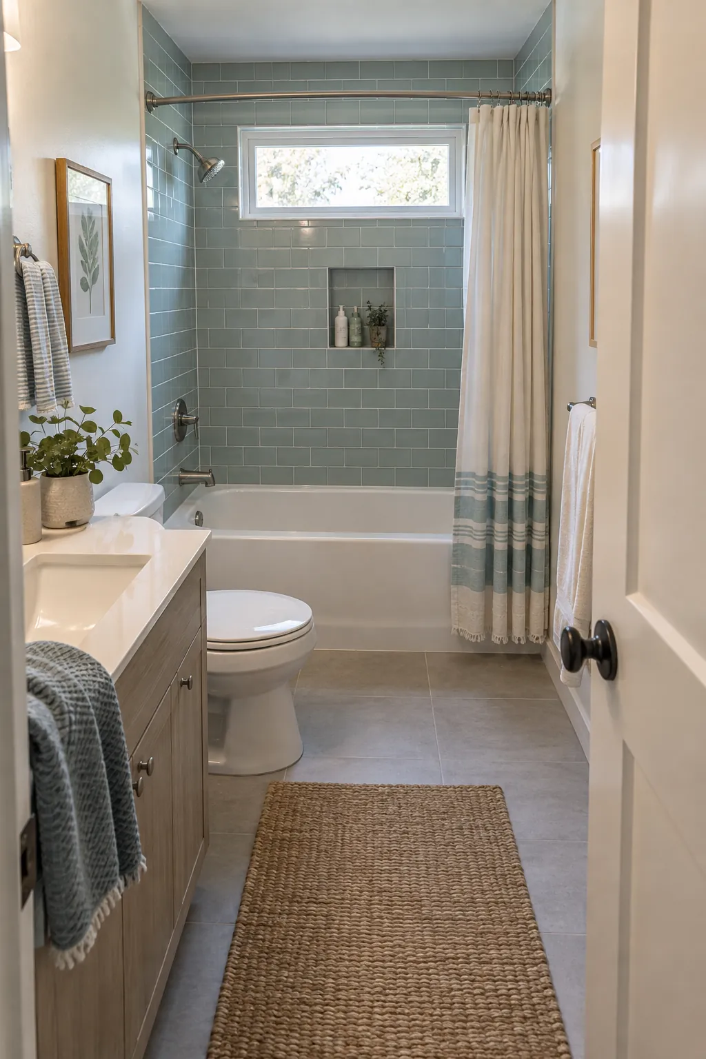 Tub and Shower Combination at the End Wall in a tiny full bathroom