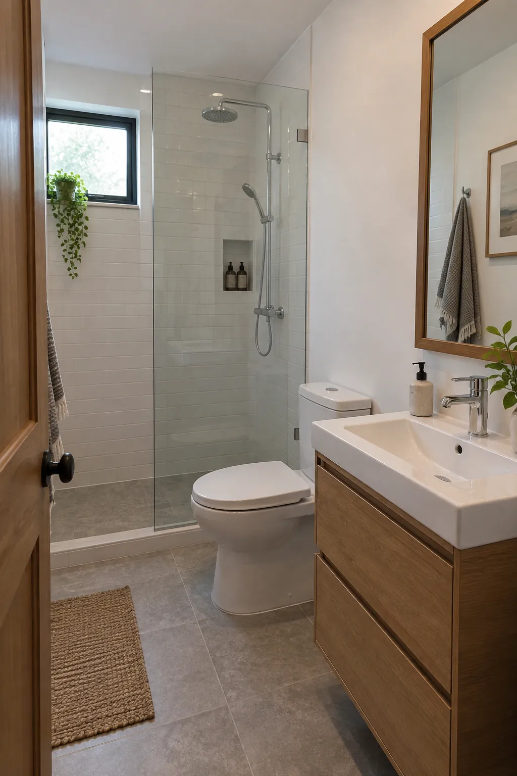 Fixtures Aligned on One Plumbing Wall in a tiny full bathroom