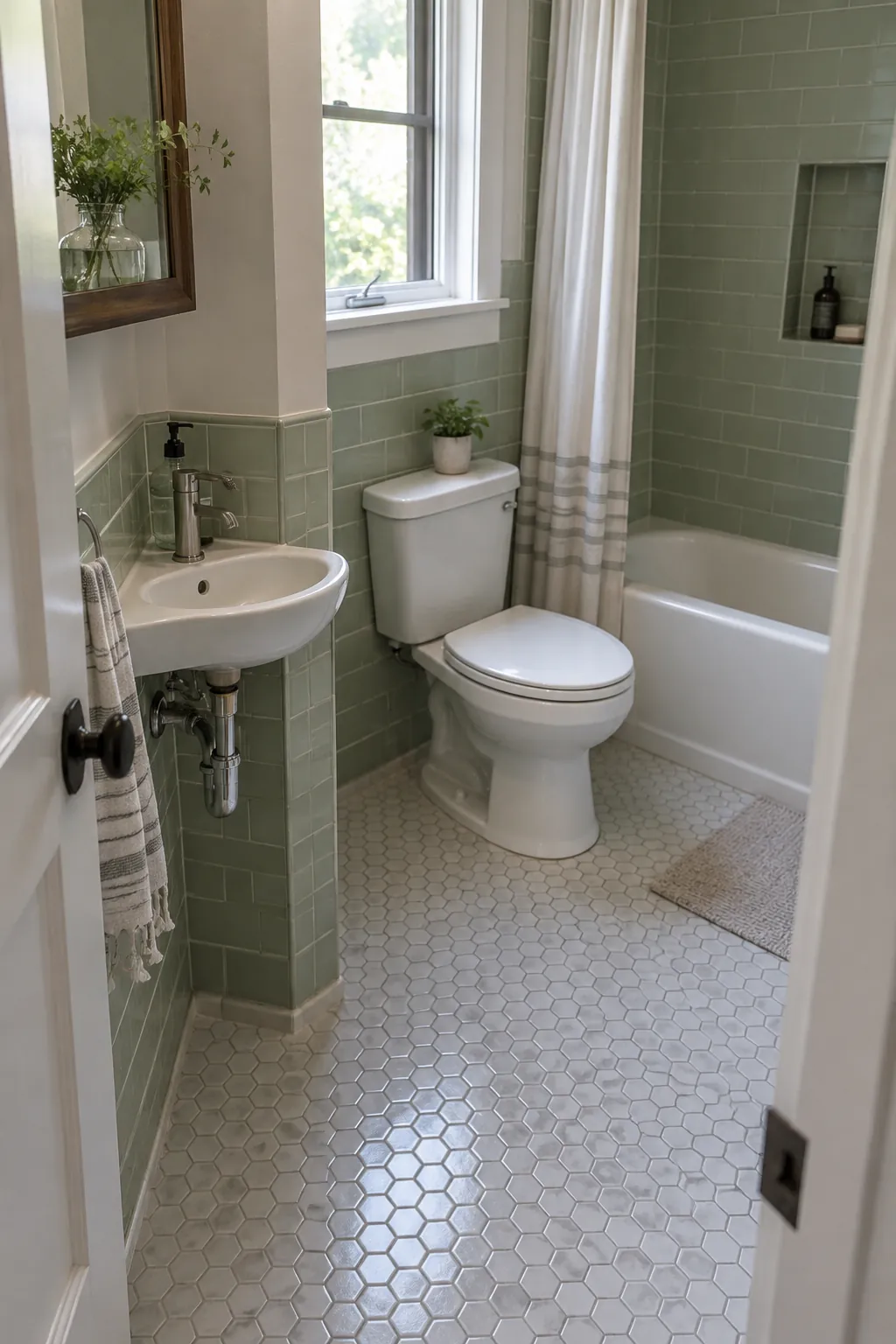 Corner Basin for an Awkward Entry in a tiny full bathroom