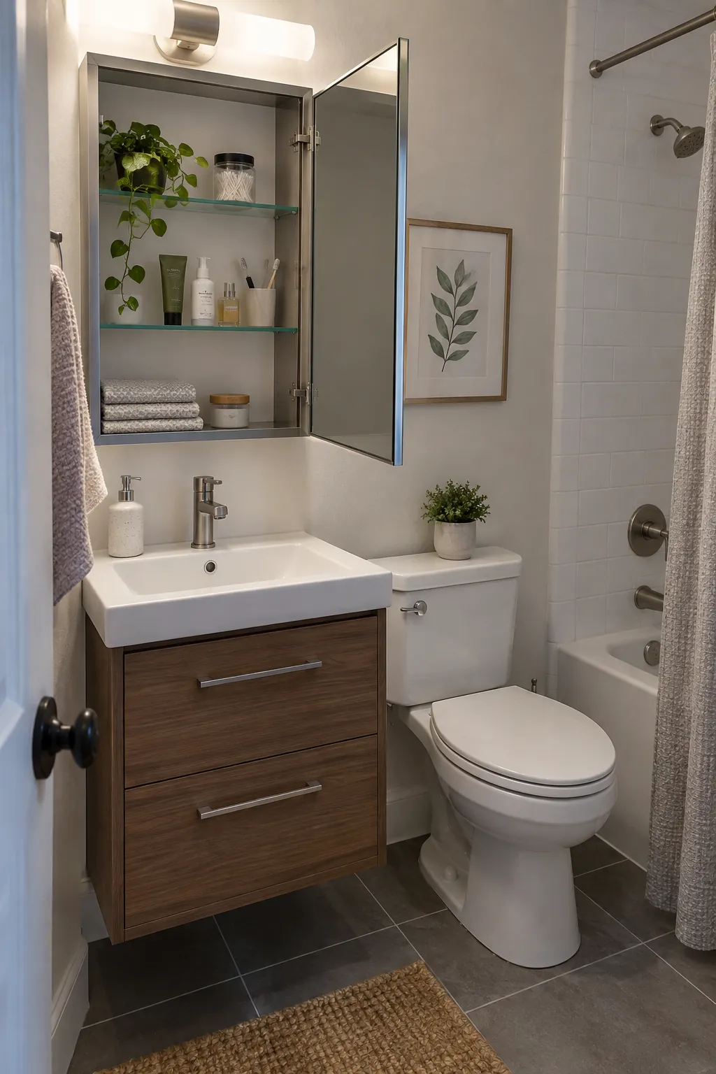 Mirror Door That Opens Clear of the Tap in a tiny full bathroom