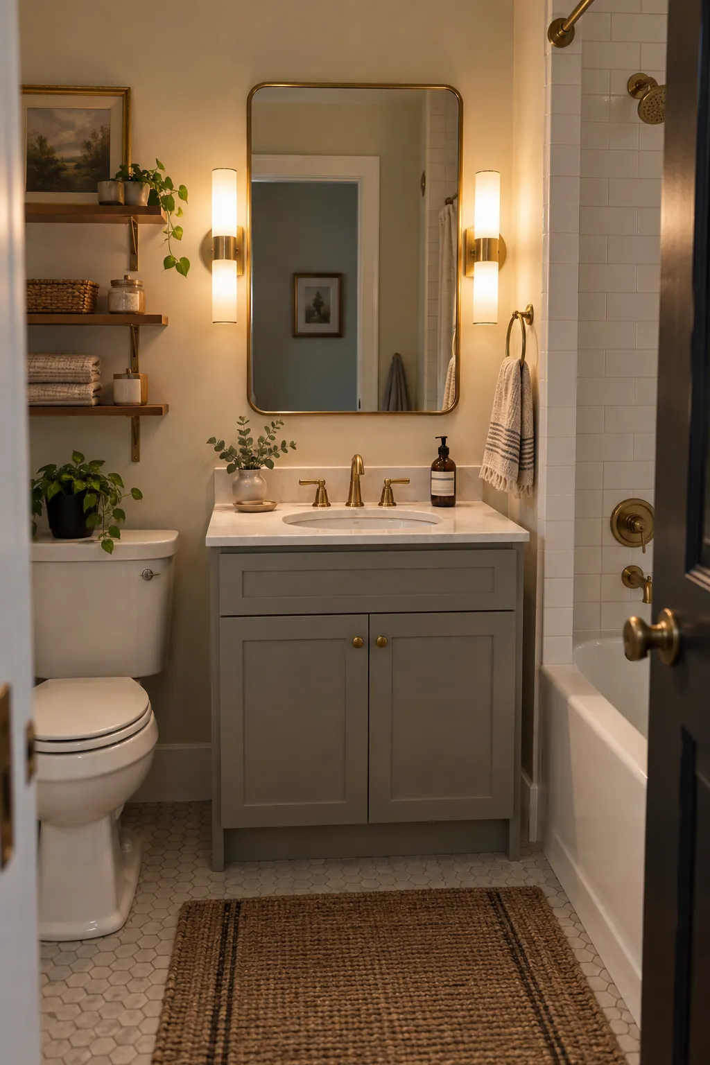 Layered Light Around the Mirror in a tiny full bathroom
