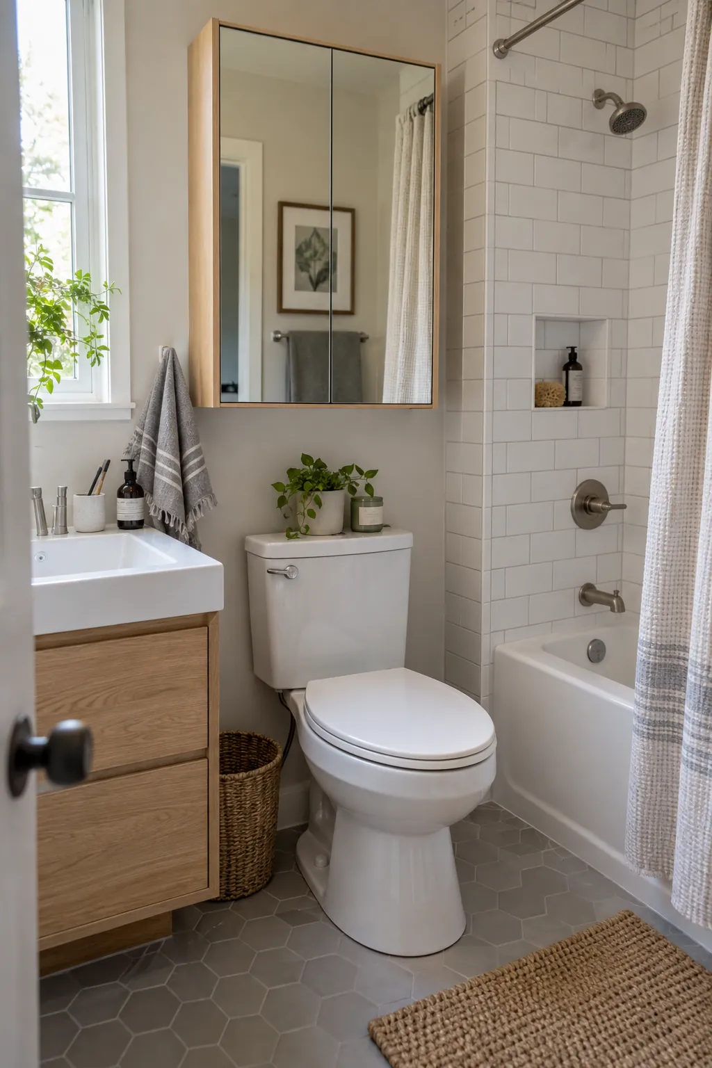 Mirrored Cabinet Over the Toilet in a tiny full bathroom