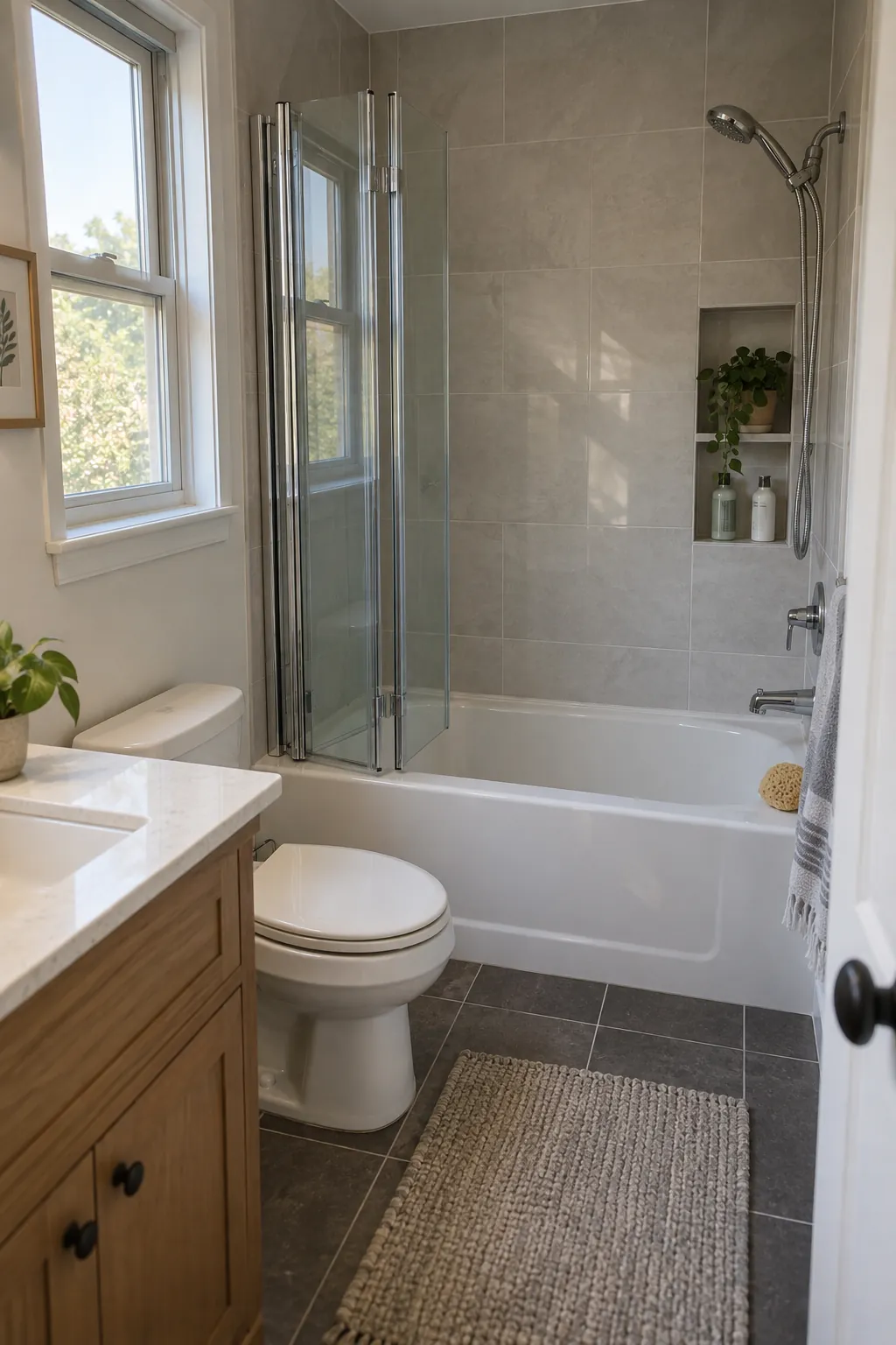 Folding Screen on a Short Tub in a tiny full bathroom
