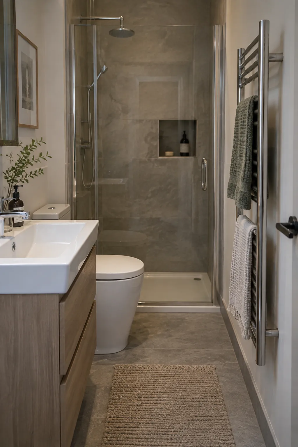 Heated Towel Rail on a Narrow Wall in a tiny full bathroom