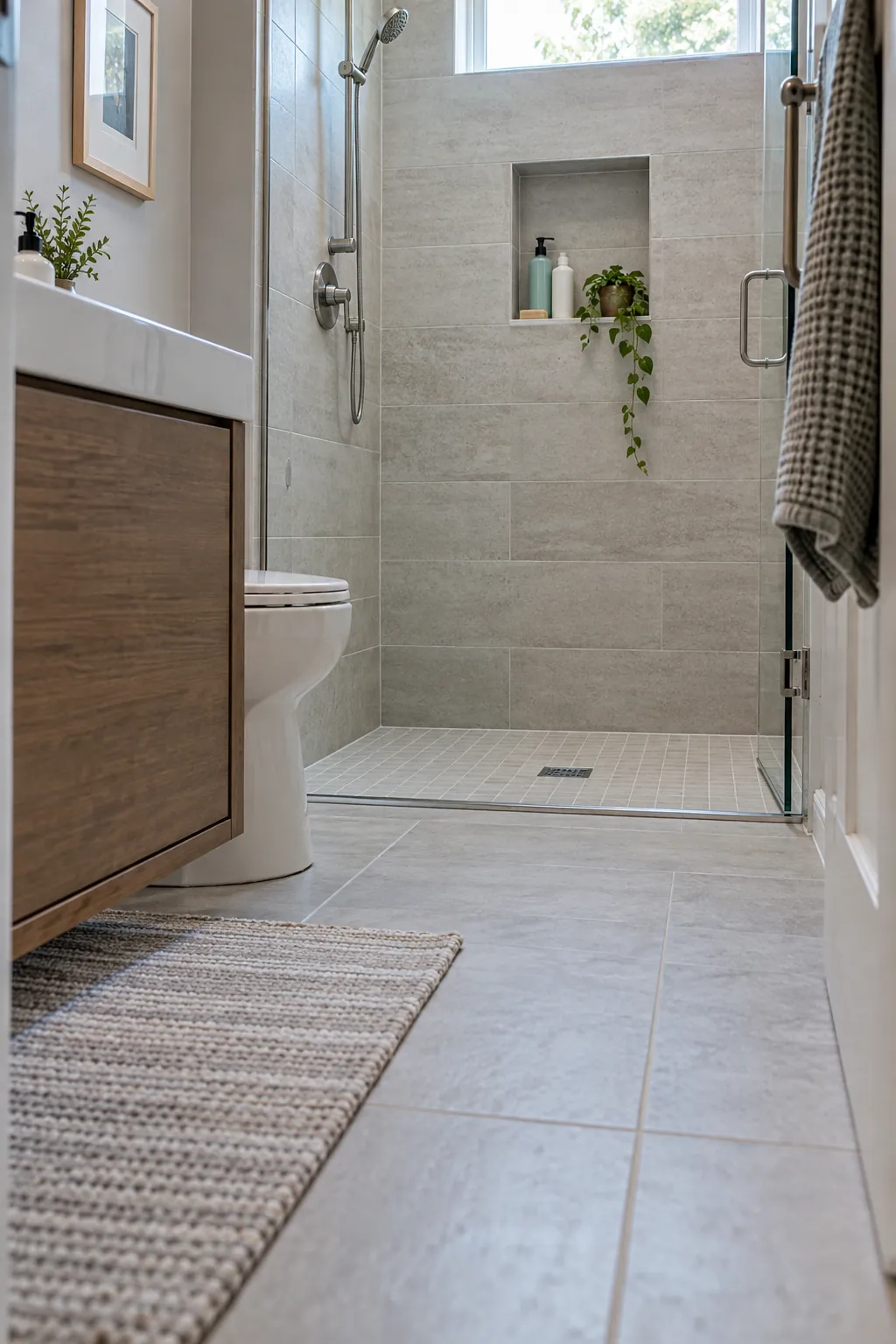 Low Shower Threshold with Reliable Drainage in a tiny full bathroom