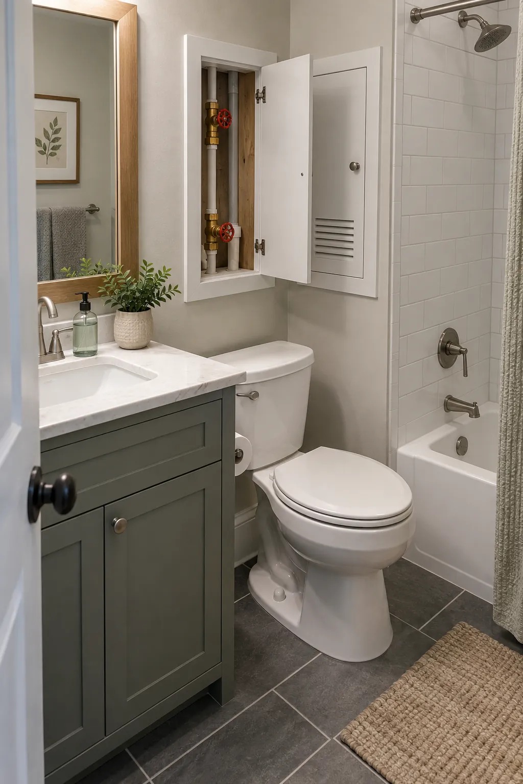 Accessible Shutoff and Service Points in a tiny full bathroom
