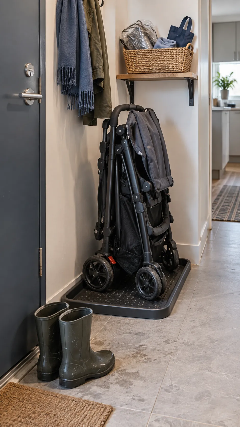 Compact stroller parking spot with a washable tray in a small apartment entryway