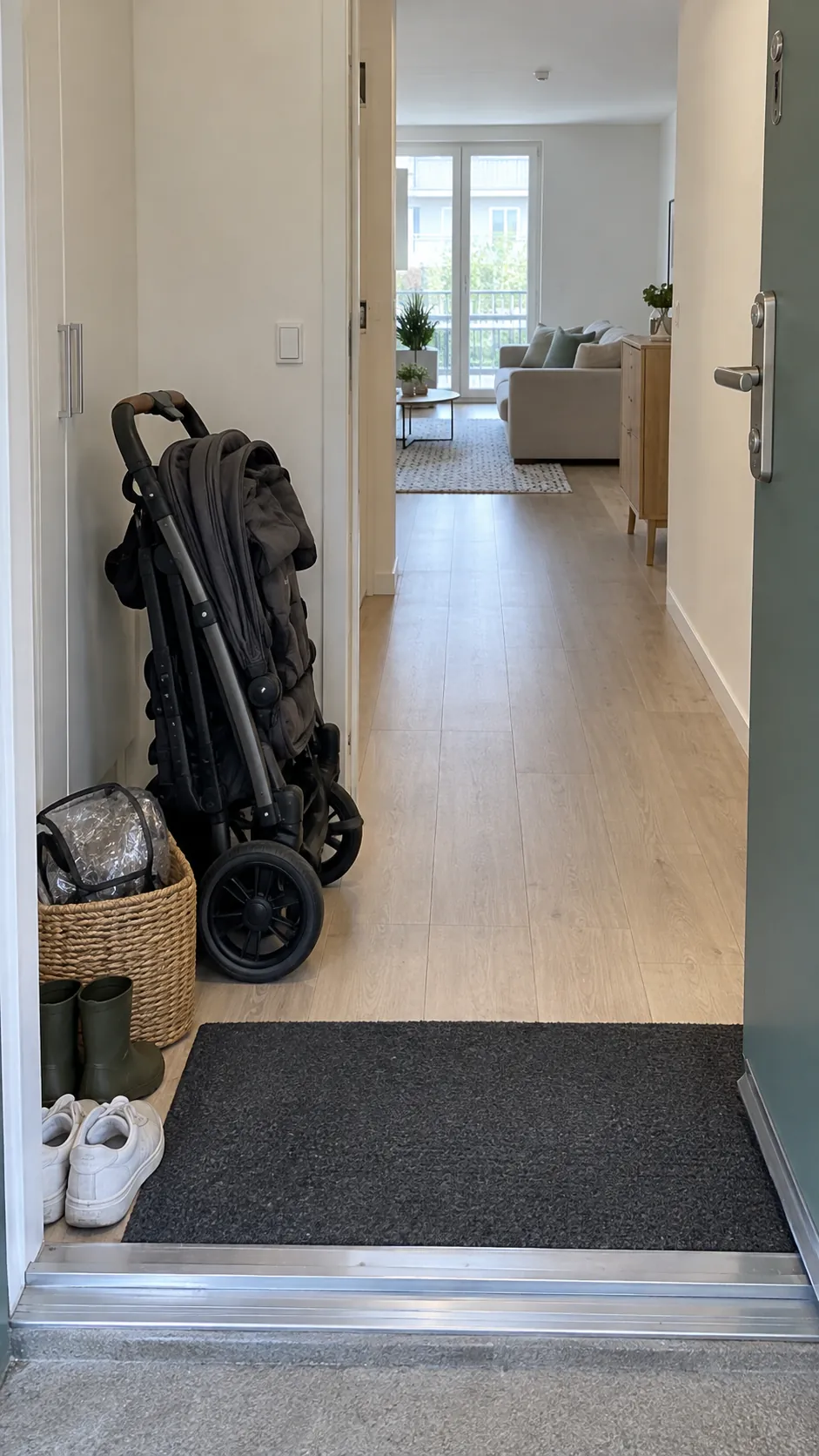 Folded stroller stored beside a clear apartment entryway