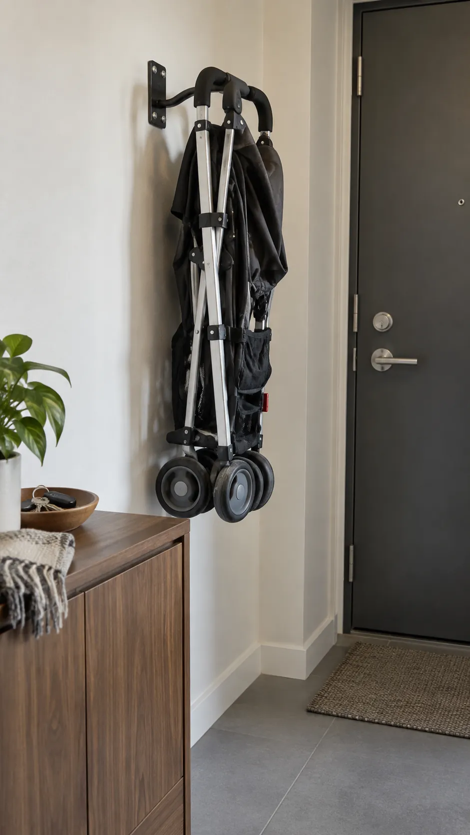 Folded lightweight stroller on a properly mounted wall hook in an apartment