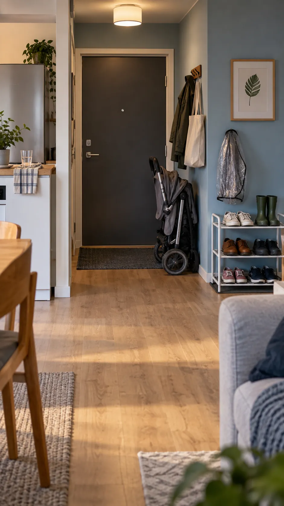 Small apartment entrance arranged for easy daily stroller use