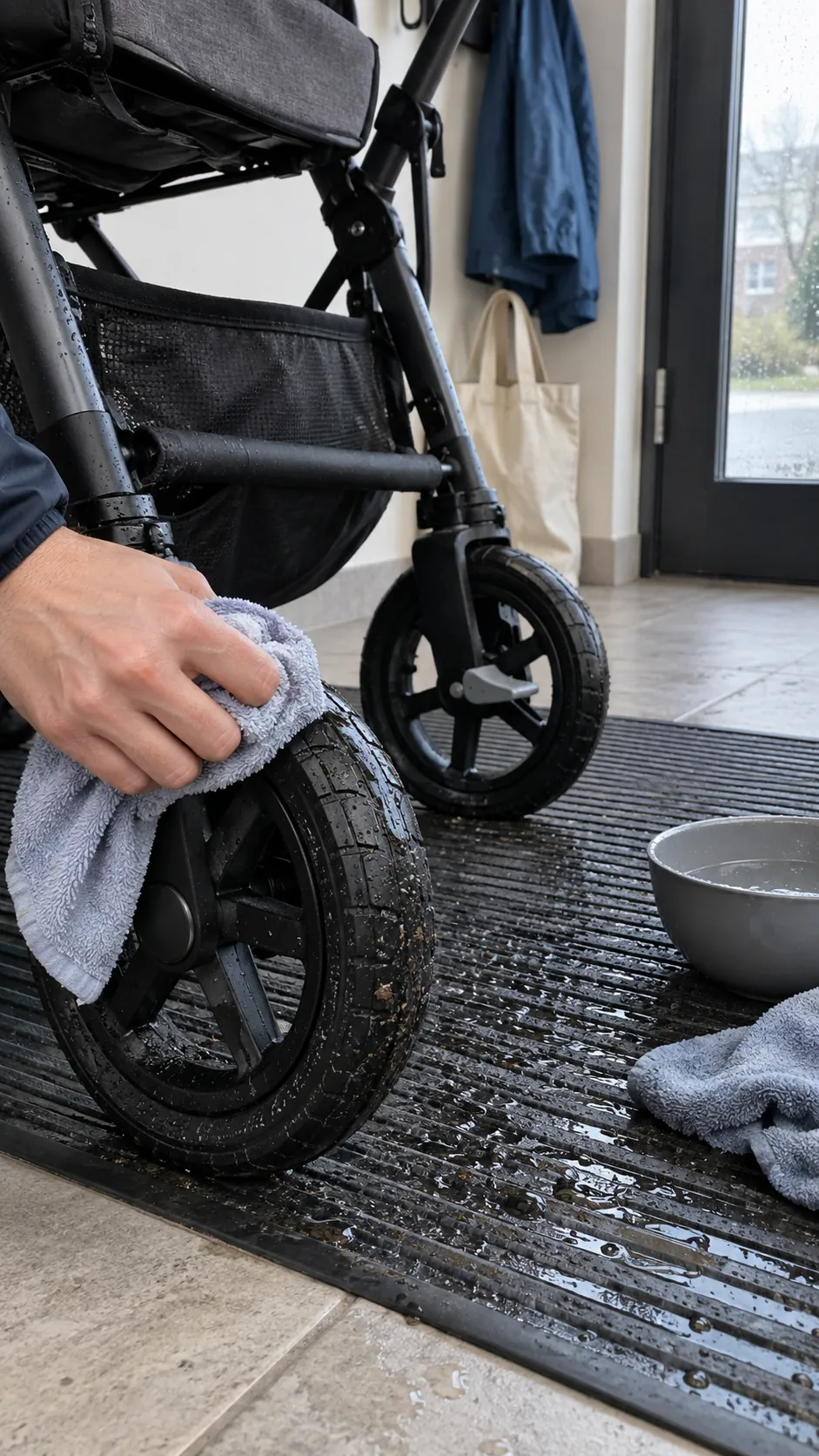 Stroller wheels being cleaned beside a washable apartment entry mat