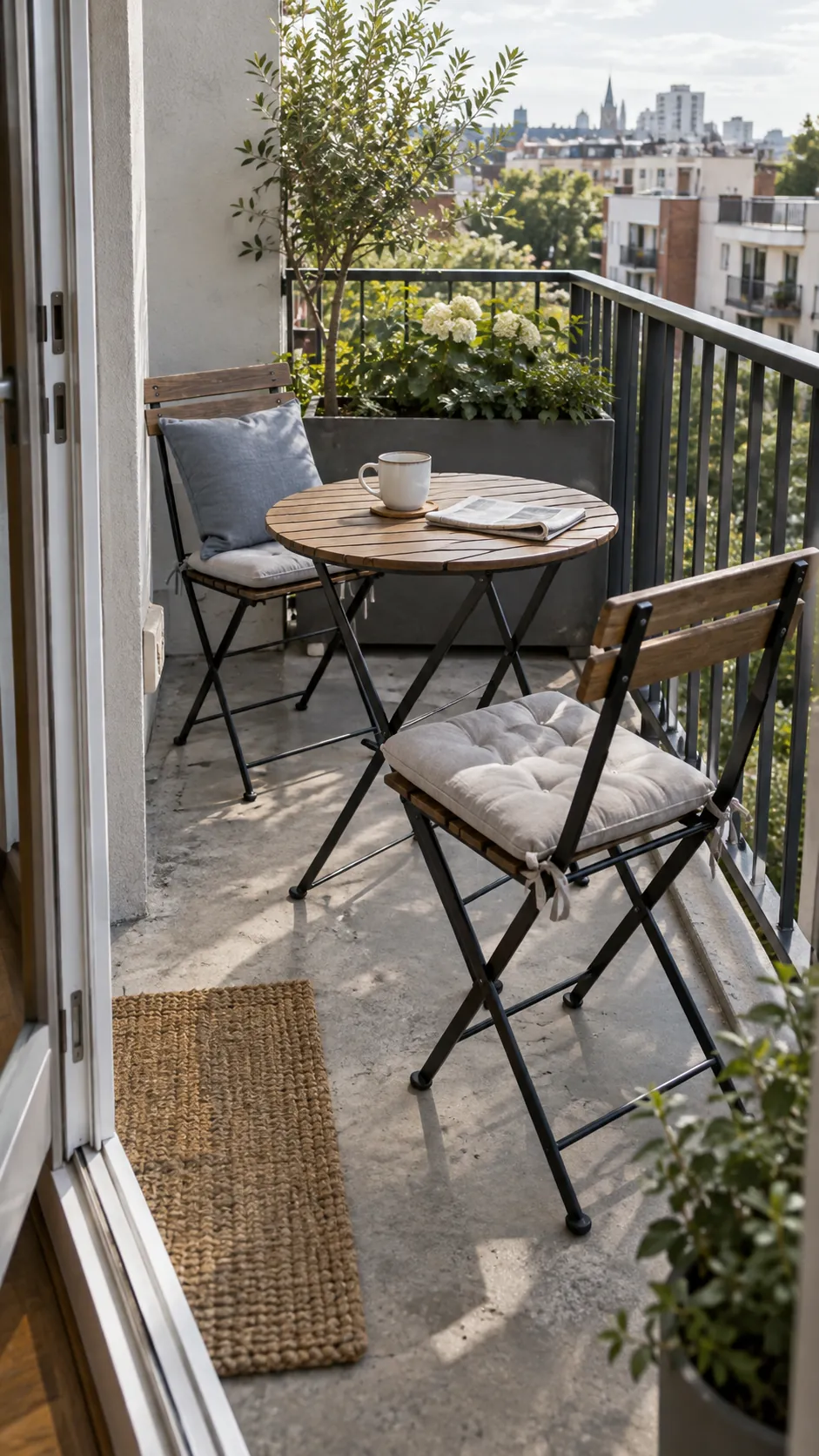 Compact bistro seating arranged on a small terrace