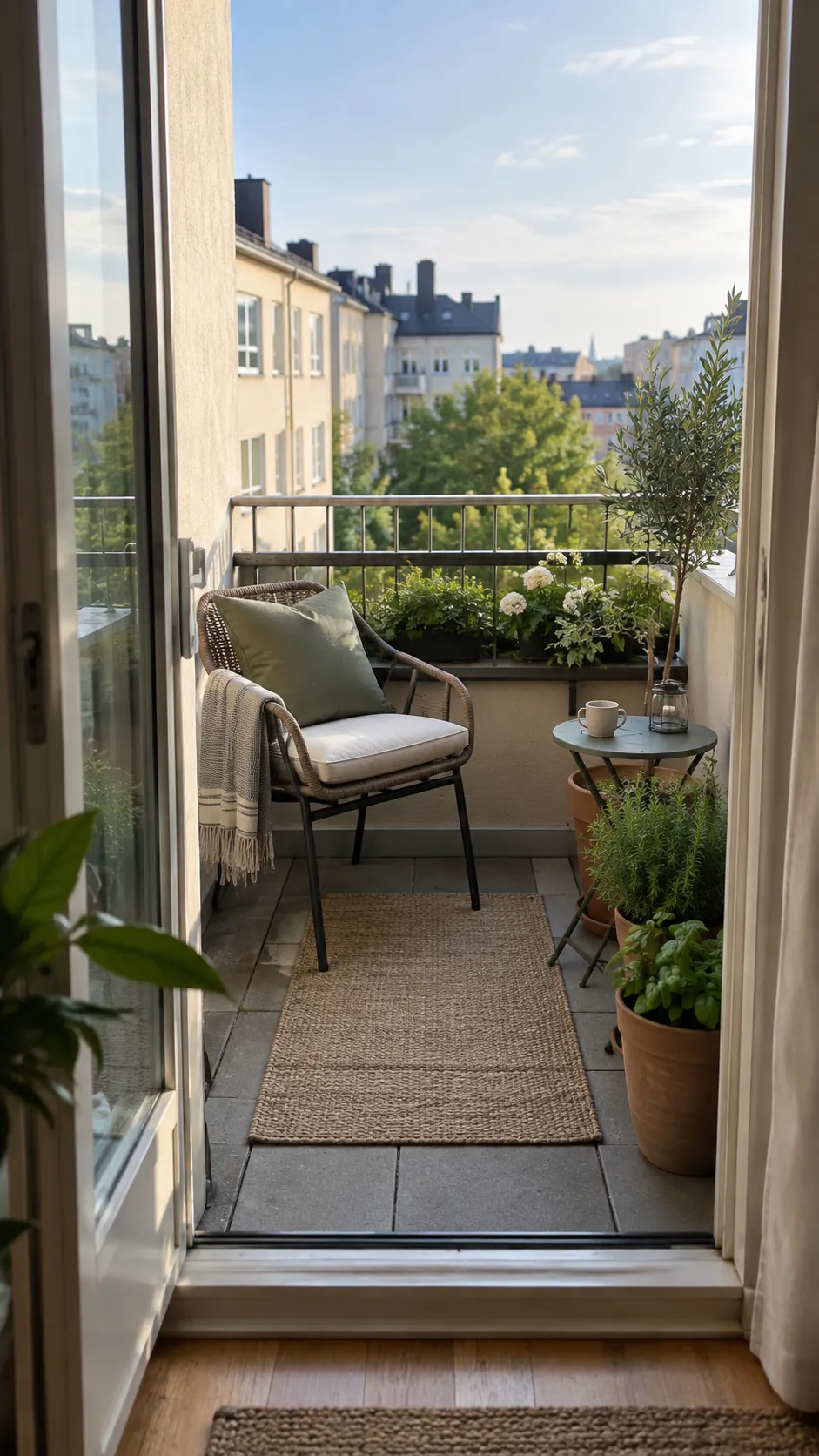 Organized small terrace with seating plants and a clear path