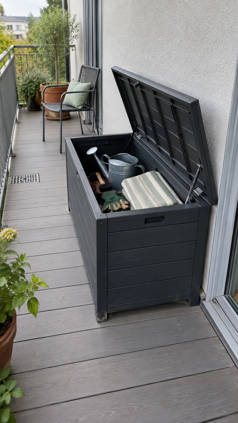 Outdoor storage bench holding terrace supplies beside a clear walkway
