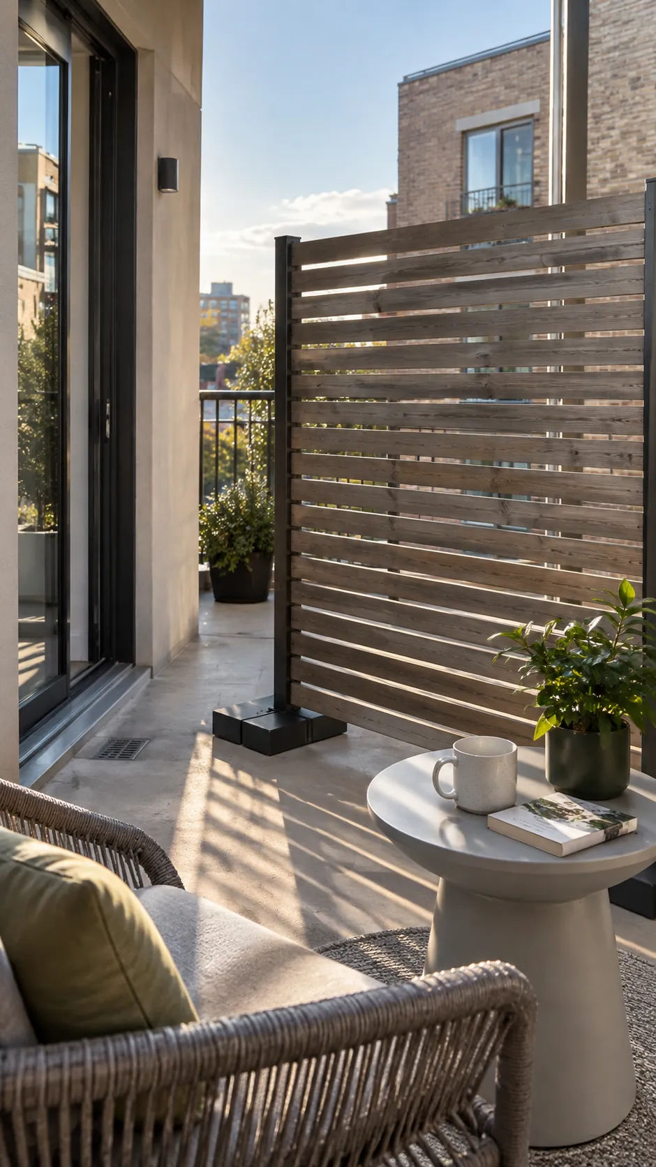 Partial privacy screen creating a sheltered terrace seating area